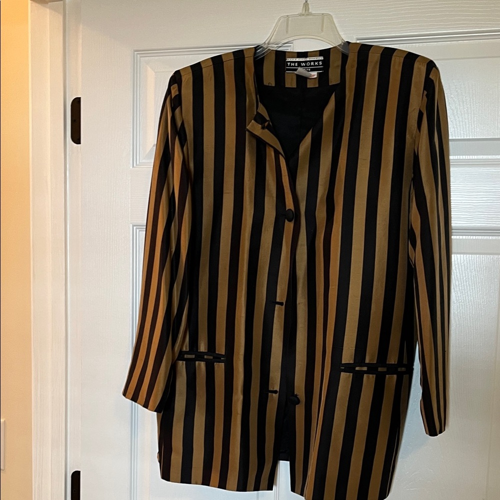 Saks Fifth Avenue Black and Gold Striped Blazer - 100% Silk